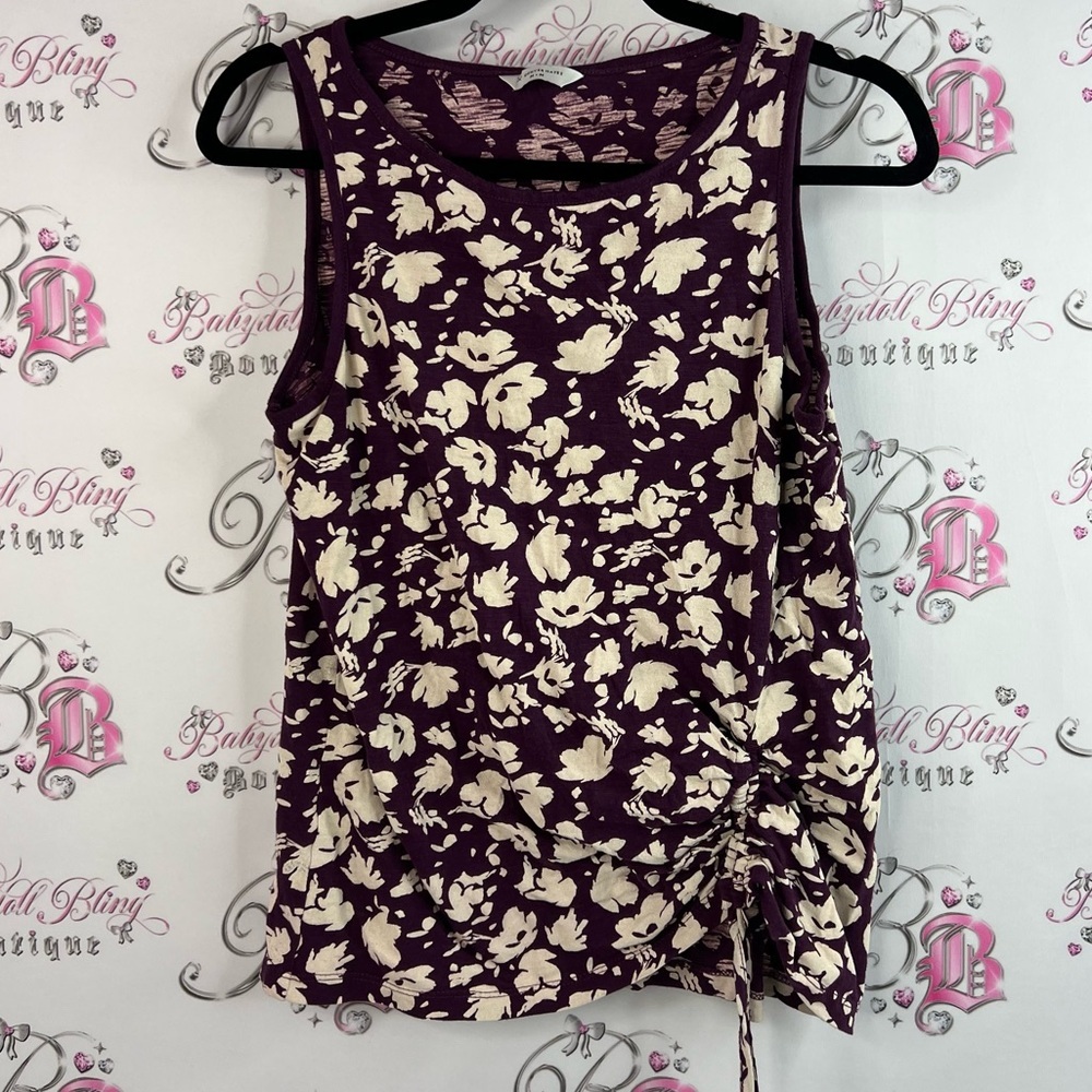 Denver Hayes tank top cinch tie bottom flowers Purple and Cream Floral Tank Top